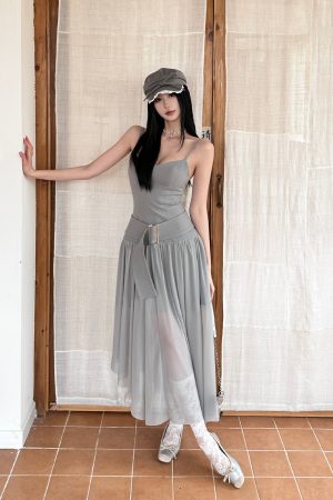 Spliced Camisole Dress for Women - Elegant Spring Tulle Dress with Mixed Fabric Waistband, Cool Feel, Perfect for Y2K and Chic Styles