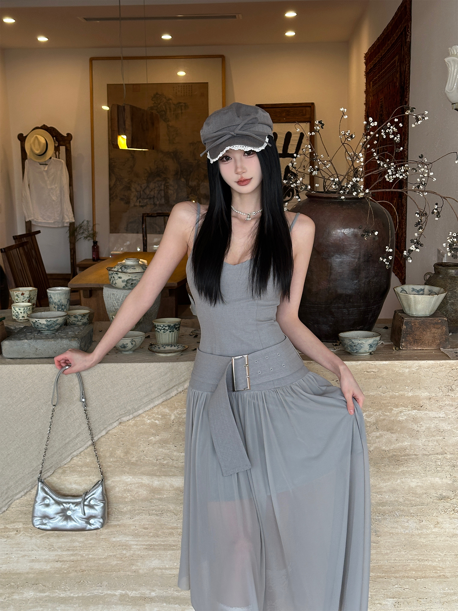 Spliced Camisole Dress for Women - Elegant Spring Tulle Dress with Mixed Fabric Waistband, Cool Feel, Perfect for Y2K and Chic Styles Spliced Camisole Dress for Women - Elegant Spring Tulle Dress with Mixed Fabric Waistband, Cool Feel, Perfect for Y2K and Chic Styles