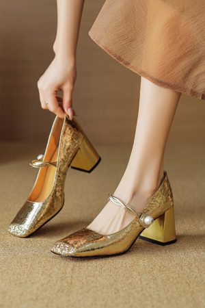 Spliced Sheepskin High Heeled Chunky Mary Jane Shoes for Women - Square Toe, Plus Size, Spring Summer 2025 Fashion