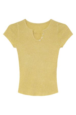 Split Hem Small Round Neck Knitted Short Sleeve T-Shirt for Women - Summer 2025 Niche Slim Fit Top, Perfect for 90s and Y2K Styles