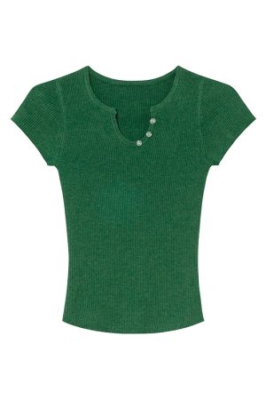 Split Hem Small Round Neck Knitted Short Sleeve T-Shirt for Women - Summer 2025 Niche Slim Fit Top, Perfect for 90s and Y2K Styles