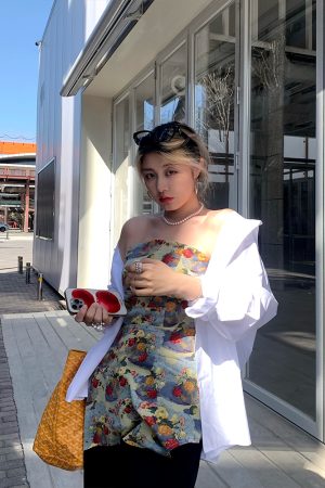 Spring Floral Strapless Camisole - Irregular Waist-Defining Design for Women - Trendy Y2K Style Top