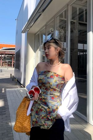 Spring Floral Strapless Camisole - Irregular Waist-Defining Design for Women - Trendy Y2K Style Top