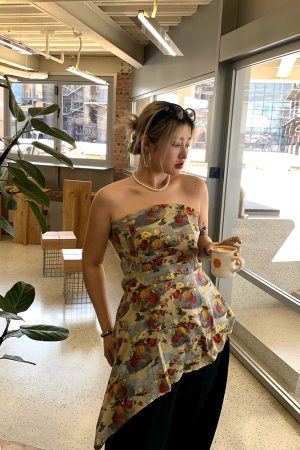 Spring Floral Strapless Camisole - Irregular Waist-Defining Design for Women - Trendy Y2K Style Top