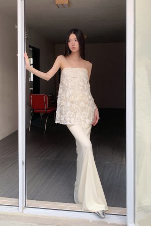 Spring Ode 3D Rose Embroidery Floral Sequin Strapless A-Line Mermaid Dress with Tulle Set - Perfect for Weddings and Parties