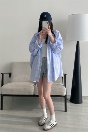 Spring Summer Womenâ€™s Striped Long Sleeve Shirt - Casual Sun Protection Top, Loose Slimming Fit, Korean Style Vacation Wear