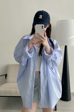 Spring Summer Womenâ€™s Striped Long Sleeve Shirt - Casual Sun Protection Top, Loose Slimming Fit, Korean Style Vacation Wear