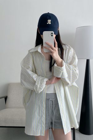 Spring Summer Womenâ€™s Striped Long Sleeve Shirt - Casual Sun Protection Top, Loose Slimming Fit, Korean Style Vacation Wear