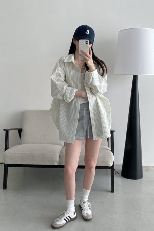 Spring Summer Womenâ€™s Striped Long Sleeve Shirt - Casual Sun Protection Top, Loose Slimming Fit, Korean Style Vacation Wear