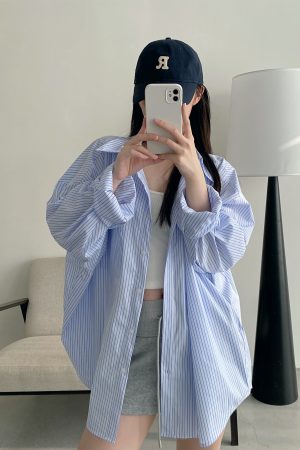 Spring Summer Womenâ€™s Striped Long Sleeve Shirt - Casual Sun Protection Top, Loose Slimming Fit, Korean Style Vacation Wear