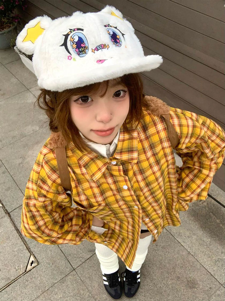 Spring Women's American Style Checkered Shirt Jacket, Loose Lapel Top in College Style, Casual Dopamine Print Spring Women's American Style Checkered Shirt Jacket, Loose Lapel Top in College Style, Casual Dopamine Print