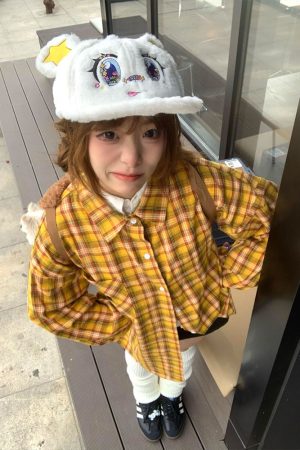 Spring Women's American Style Checkered Shirt Jacket, Loose Lapel Top in College Style, Casual Dopamine Print