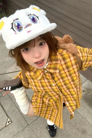 Spring Women's American Style Checkered Shirt Jacket, Loose Lapel Top in College Style, Casual Dopamine Print