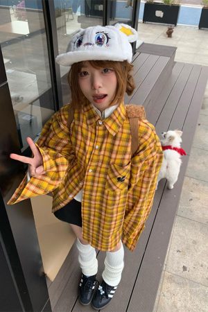 Spring Women's American Style Checkered Shirt Jacket, Loose Lapel Top in College Style, Casual Dopamine Print