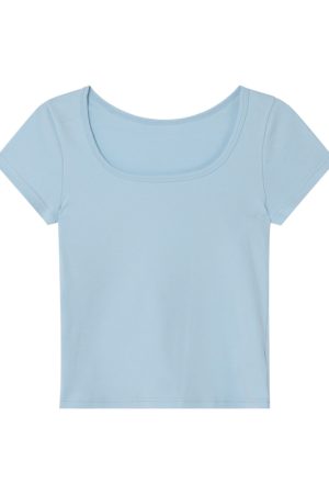 Square Neck Fitted Short Sleeve T-Shirt for Women - Solid Color Slim Fit Summer 2025 Top, Flattering Shoulder Style