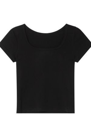 Square Neck Fitted Short Sleeve T-Shirt for Women - Solid Color Slim Fit Summer 2025 Top, Flattering Shoulder Style
