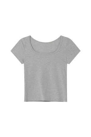 Square Neck Fitted Short Sleeve T-Shirt for Women - Solid Color Slim Fit Summer 2025 Top, Flattering Shoulder Style