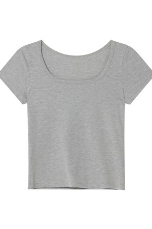 Square Neck Fitted Short Sleeve T-Shirt for Women - Solid Color Slim Fit Summer 2025 Top, Flattering Shoulder Style