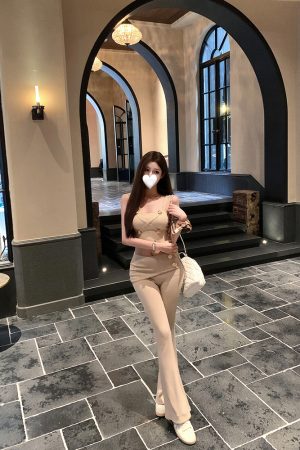 Square-Neck Knitted Double-Breasted Slim-Fit Top in Pure Desire Style - Trendy Y2K-Inspired Fashion Piece