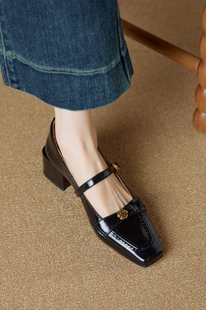 Square Toe Camellia Mary Jane Shoes for Women - 2025 New Style One-Strap Chunky High Heels in Genuine Leather