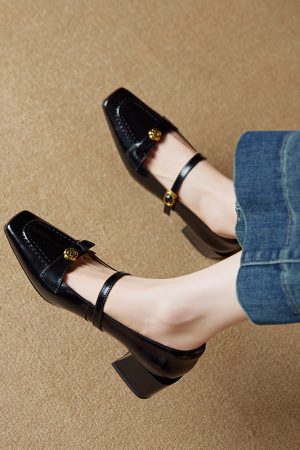 Square Toe Camellia Mary Jane Shoes for Women - 2025 New Style One-Strap Chunky High Heels in Genuine Leather