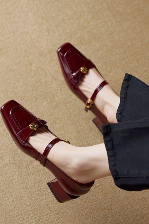 Square Toe Camellia Mary Jane Shoes for Women - 2025 New Style One-Strap Chunky High Heels in Genuine Leather