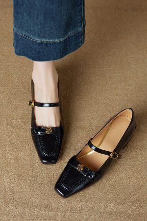 Square Toe Camellia Mary Jane Shoes for Women - 2025 New Style One-Strap Chunky High Heels in Genuine Leather