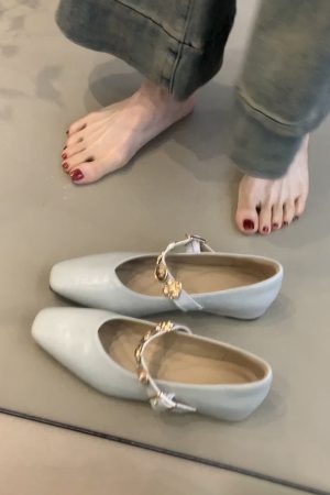 Square-Toed Height-Increasing Sheepskin Mary Jane Shoes with Metal Buckle - French Style Flats for Commuting