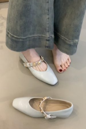 Square-Toed Height-Increasing Sheepskin Mary Jane Shoes with Metal Buckle - French Style Flats for Commuting