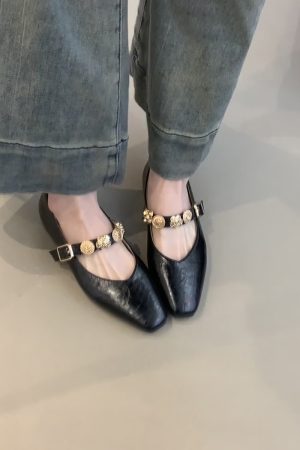 Square-Toed Height-Increasing Sheepskin Mary Jane Shoes with Metal Buckle - French Style Flats for Commuting