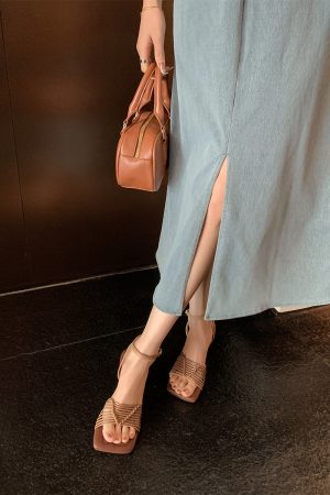 Square-Toed High-Heeled Sheepskin Sandals for Women - Hollow-Out Thin Strap, Woven One-Strap Genuine Leather Summer Fashion Sandals