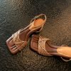 Square-Toed High-Heeled Sheepskin Sandals for Women - Hollow-Out Thin Strap, Woven One-Strap Genuine Leather Summer Fashion Sandals