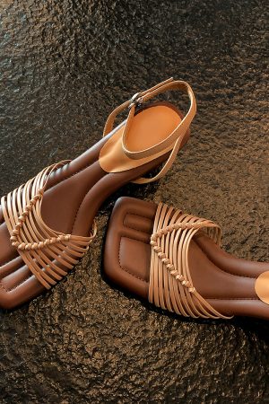Square-Toed High-Heeled Sheepskin Sandals for Women - Hollow-Out Thin Strap, Woven One-Strap Genuine Leather Summer Fashion Sandals