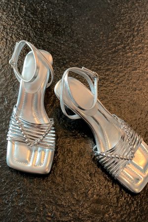 Square-Toed High-Heeled Sheepskin Sandals for Women - Hollow-Out Thin Strap, Woven One-Strap Genuine Leather Summer Fashion Sandals