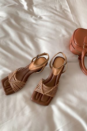 Square-Toed High-Heeled Sheepskin Sandals for Women - Hollow-Out Thin Strap, Woven One-Strap Genuine Leather Summer Fashion Sandals