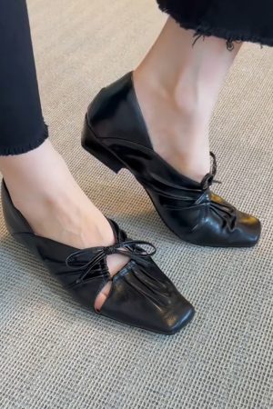 Square-Toed Pleated Hollow Mary Jane Shoes with Bow - French Style Low-Heeled Loafers, Sheepskin Small Leather Shoes