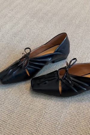 Square-Toed Pleated Hollow Mary Jane Shoes with Bow - French Style Low-Heeled Loafers, Sheepskin Small Leather Shoes