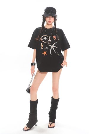 Starfish Shell Basic Loose Couple Pullover T-Shirt - Casual Short Sleeve Top for Y2K and 90s Style Fashion