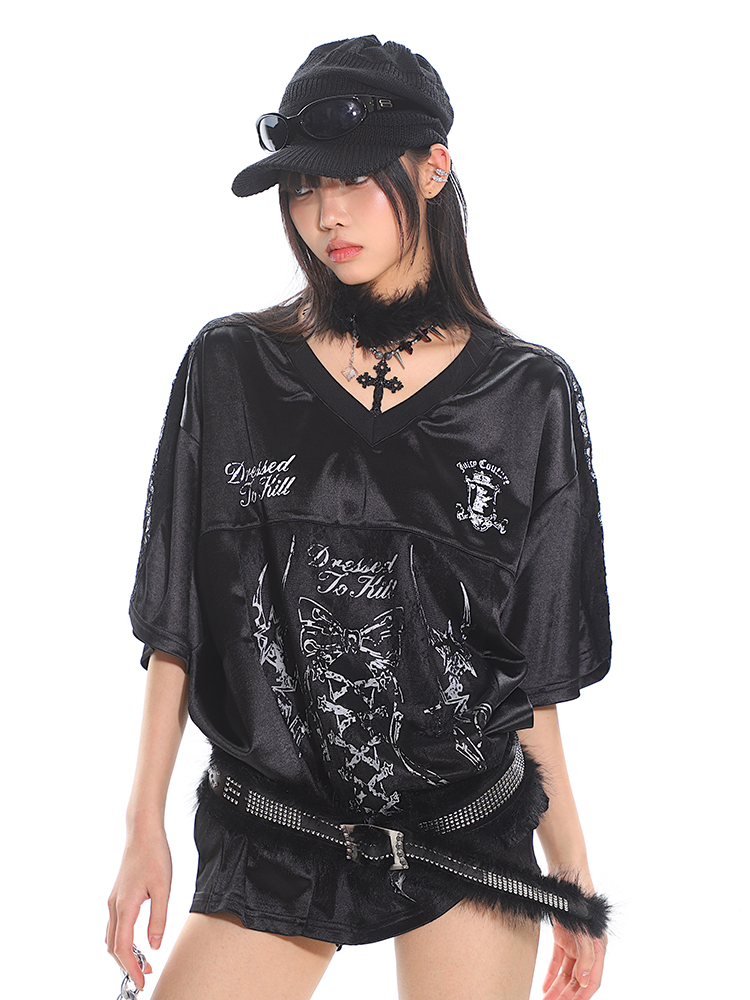 Strap Printed Sweet and Spicy Punk Satin Short Sleeve T-Shirt for Women - Summer Sports Top, Y2K Style Fashion Tee Strap Printed Sweet and Spicy Punk Satin Short Sleeve T-Shirt for Women - Summer Sports Top, Y2K Style Fashion Tee