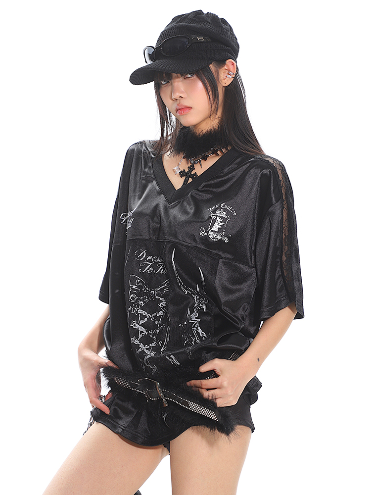 Strap Printed Sweet and Spicy Punk Satin Short Sleeve T-Shirt for Women - Summer Sports Top, Y2K Style Fashion Tee Strap Printed Sweet and Spicy Punk Satin Short Sleeve T-Shirt for Women - Summer Sports Top, Y2K Style Fashion Tee