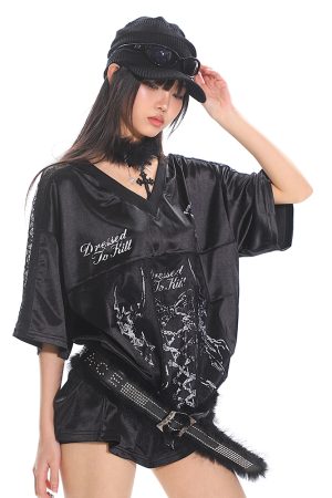 Strap Printed Sweet and Spicy Punk Satin Short Sleeve T-Shirt for Women - Summer Sports Top, Y2K Style Fashion Tee