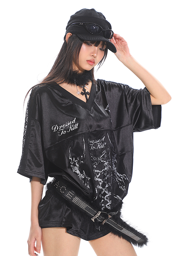 Strap Printed Sweet and Spicy Punk Satin Short Sleeve T-Shirt for Women - Summer Sports Top, Y2K Style Fashion Tee Strap Printed Sweet and Spicy Punk Satin Short Sleeve T-Shirt for Women - Summer Sports Top, Y2K Style Fashion Tee