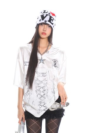Strap Printed Sweet and Spicy Punk Satin Short Sleeve T-Shirt for Women - Summer Sports Top, Y2K Style Fashion Tee