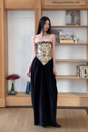 Strapless Chinese Style Jacquard Dress with Bamboo Pattern, Color Block Splicing Vase Skirt, Spring Summer 2025 Fashion for Women