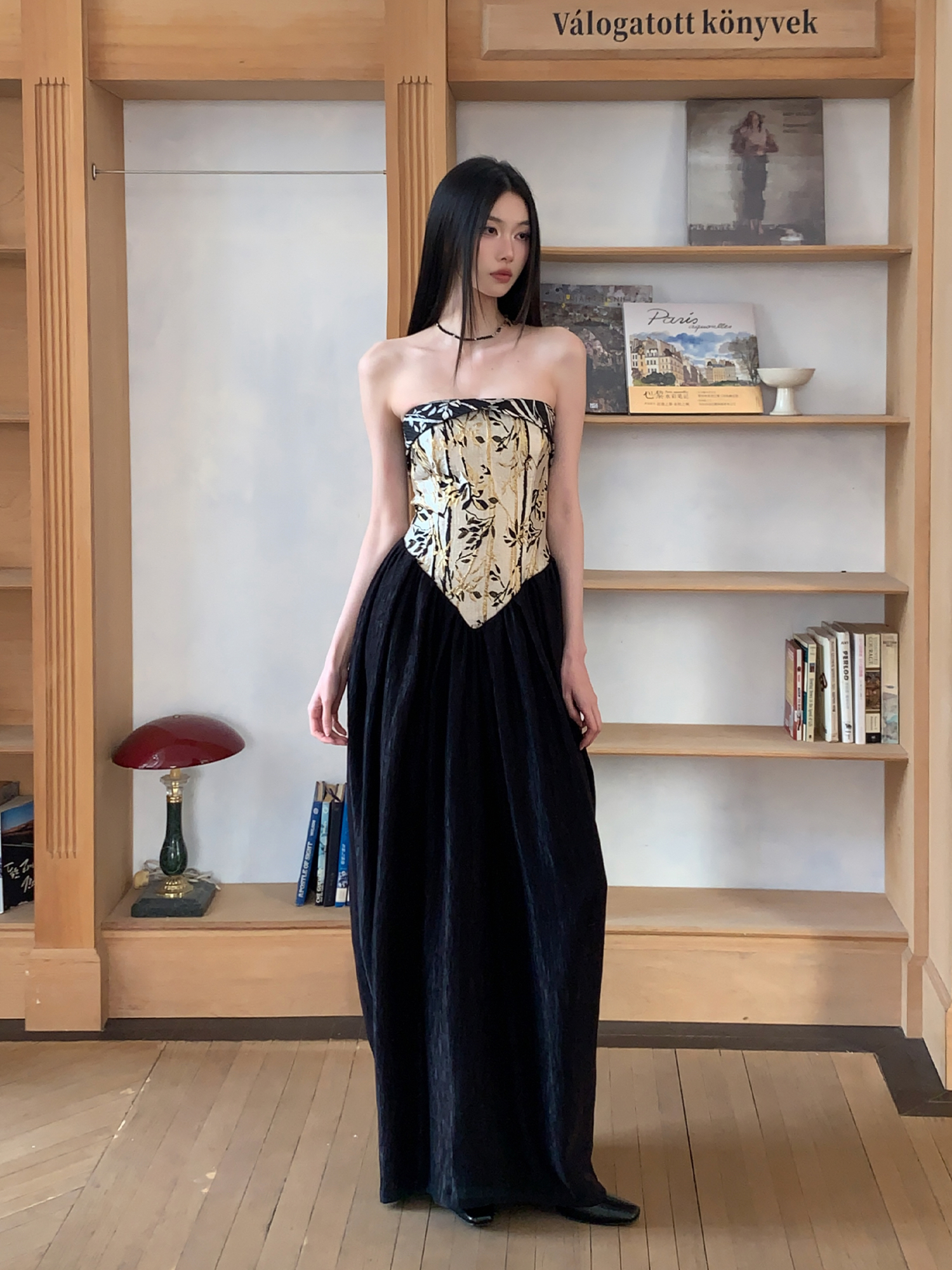 Strapless Chinese Style Jacquard Dress with Bamboo Pattern, Color Block Splicing Vase Skirt, Spring Summer 2025 Fashion for Women Strapless Chinese Style Jacquard Dress with Bamboo Pattern, Color Block Splicing Vase Skirt, Spring Summer 2025 Fashion for Women