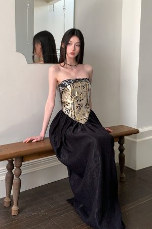 Strapless Chinese Style Jacquard Dress with Bamboo Pattern, Color Block Splicing Vase Skirt, Spring Summer 2025 Fashion for Women