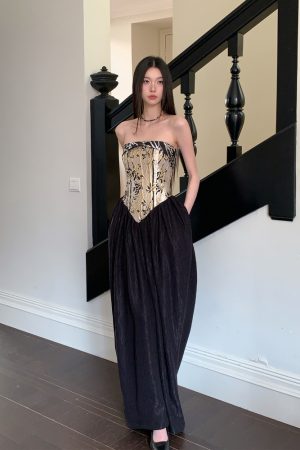 Strapless Chinese Style Jacquard Dress with Bamboo Pattern, Color Block Splicing Vase Skirt, Spring Summer 2025 Fashion for Women