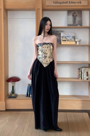 Strapless Chinese Style Jacquard Dress with Bamboo Pattern, Color Block Splicing Vase Skirt, Spring Summer 2025 Fashion for Women