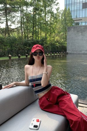 Strapless Color-Blocked Striped Knitted Crop Top - Summer Fashion Essential for Y2K and 90s Style Outer Wear