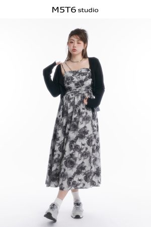 Strapless Mid-Summer Bloom Ink Wash Long Dress - Curvy Fit, Waist-Defining, Sexy Backless Style, Perfect for Summer Events